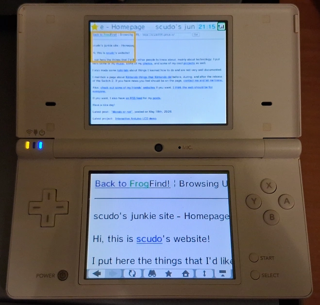 a picture showing the homepage of this website, though with missing colors, running on a Nintendo DSi