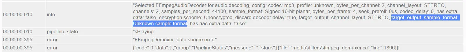 Chrome's logs showing FFMpegAudioDecoder has no idea what the sample format is, followed by FFMpegDemuxer crashing with a data source error