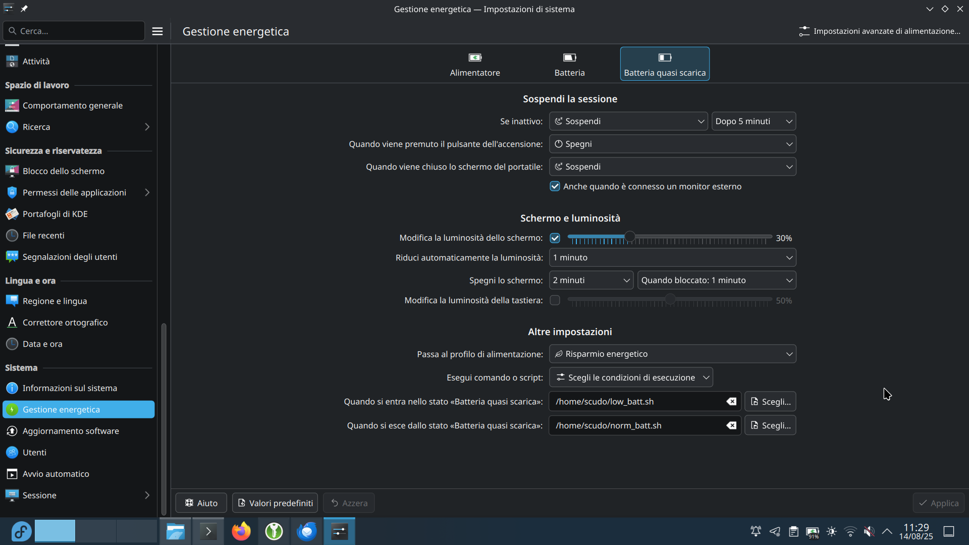 KDE Plasma's power management settings, on the 'low battery' section, showing two scripts to be ran. One is set to run when the 'low battery' status is entered, and the other when the status is left.