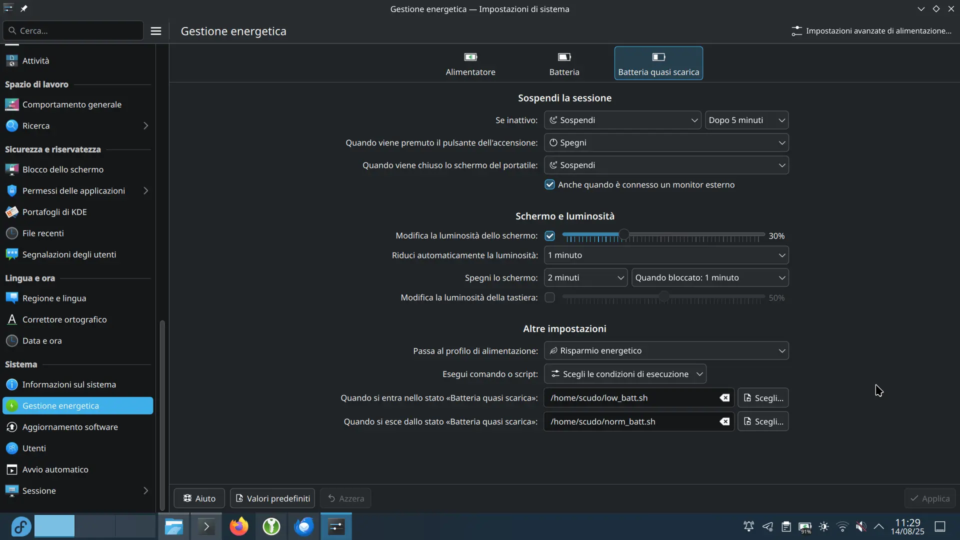 KDE Plasma's power management settings, on the 'low battery' section, showing two scripts to be ran. One is set to run when the 'low battery' status is entered, and the other when the status is left.
