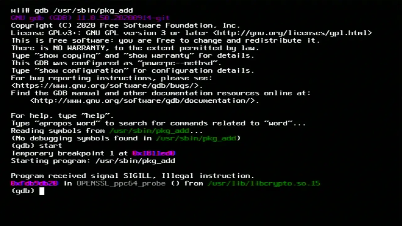gdb showing the program crashed with a SIGILL on an illegal instruction