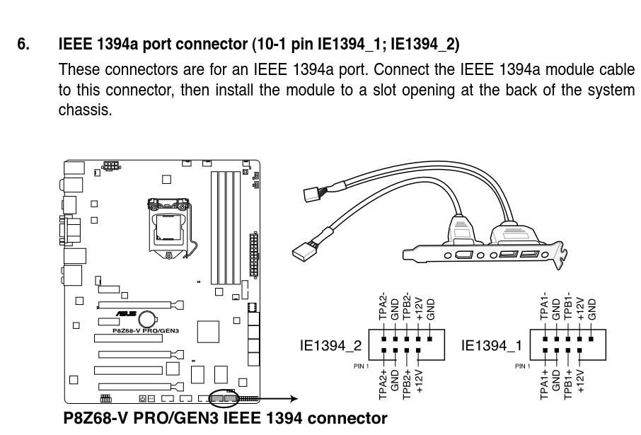 diagram showing how to connect the firewire bracket; two usb looking ports show up on the bracket