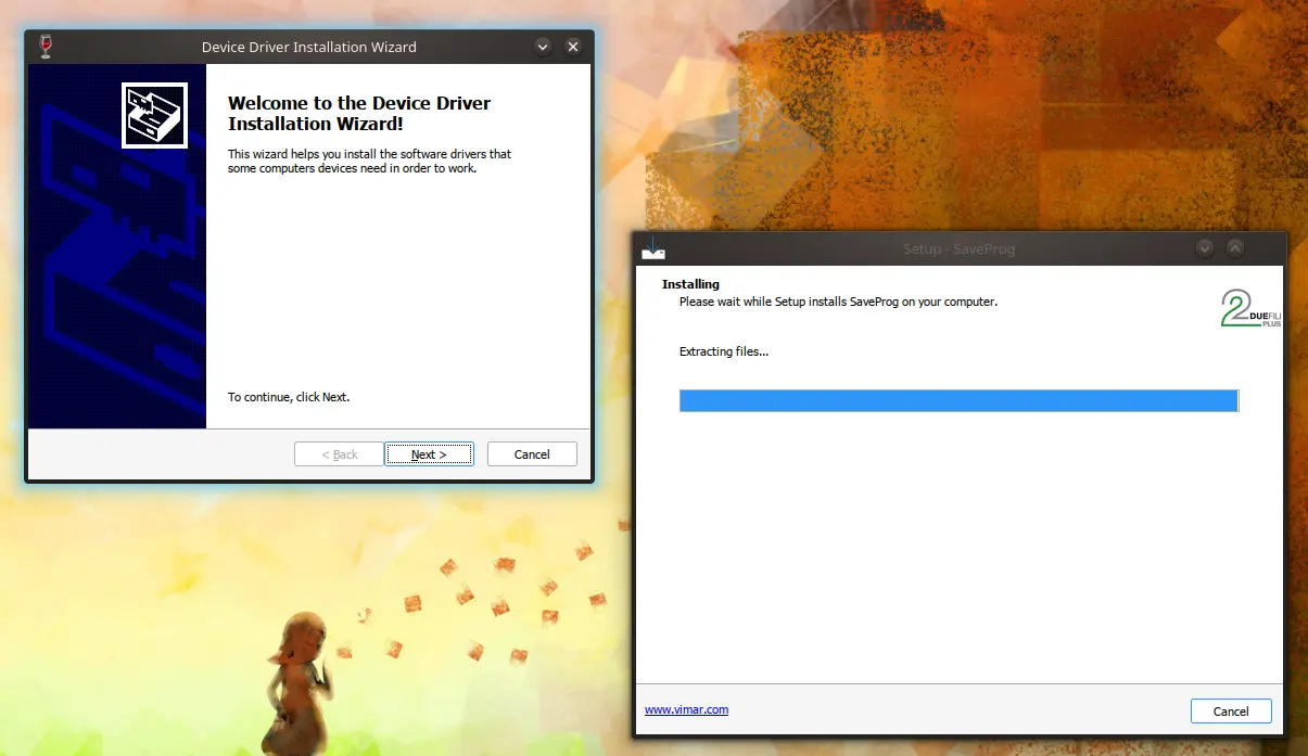 screenshot of a NSIS-like installer and the old/classic Windows XP-like driver install