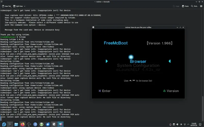 a screenshot showing two windows; one is a terminal window with debugging output, and the other shows a captured screen from a PS2 home screen